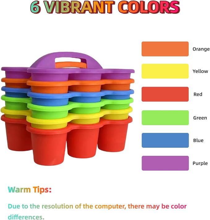 RAUVOLFIA 6 Pack Classroom Caddy Storage Basket with Handle, Plastic Drink Cup Caddy Holder, 6 Compartments for Kids, Table, Office, Arts, Crafts, Crayon, Marker, Pencil, School Supplies (Rainbow)