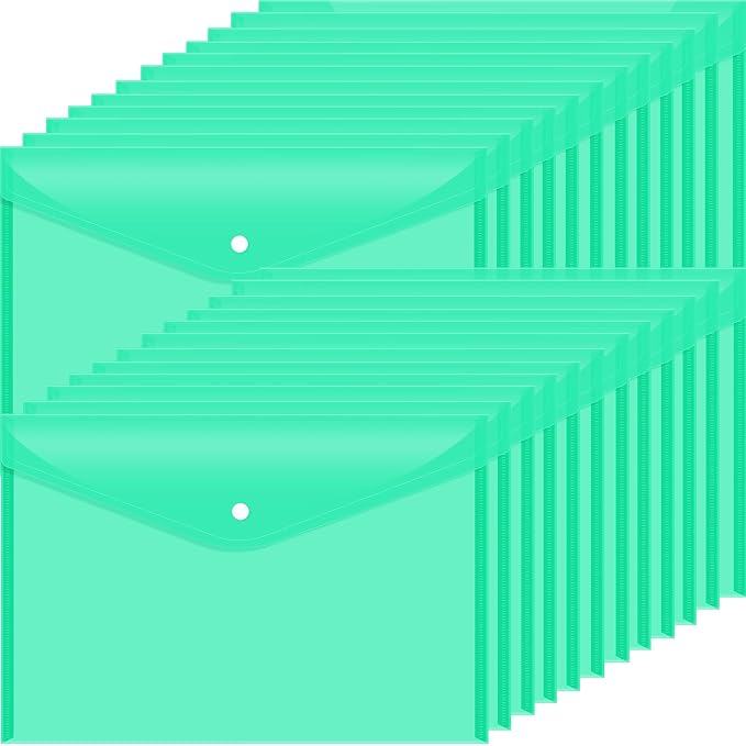 24 pcs Plastic Filing Envelopes with Snap Button Closure ，Clear Document Folders for Letter A4 Size Files ，Poly Folders，for School and Office Supplies（Green）