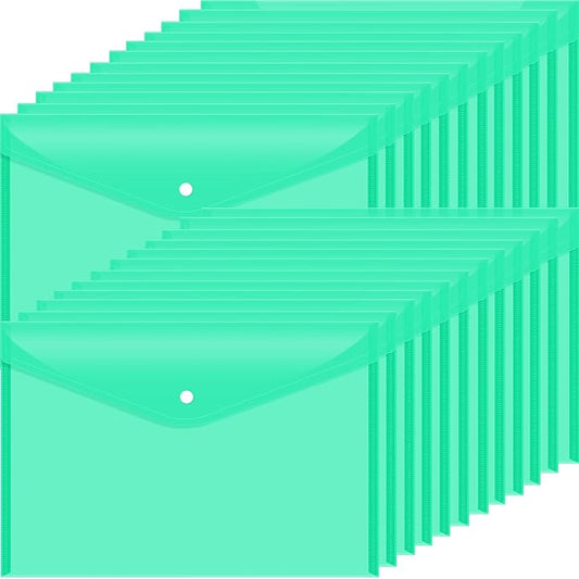 24 pcs Plastic Filing Envelopes with Snap Button Closure ，Clear Document Folders for Letter A4 Size Files ，Poly Folders，for School and Office Supplies（Green）