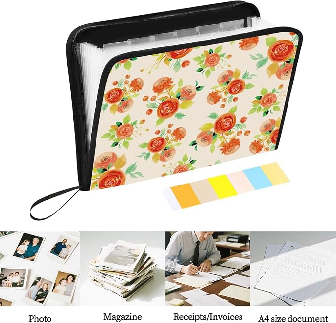 WEBEEDY 13 Pockets Watercolor Flower Expanding File Folder Floral Accordion Folder File Organizer with Labels and Zipper, Portable Expandable Paperwork Organiser for A4 Paper Document Photo Receipt