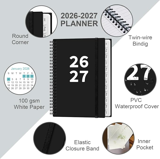 2026-2027 Planner - Planner 2026-2027 from July 2026 - June 2027, Weekly & Monthly Planner Spiral Bound with 12 Monthly Tabs, Inner Pocket, 6.4" x 8.5", Black-A