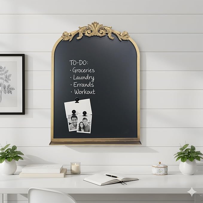 Vintage Magnetic Arch Chalkboard with Shelf - 18"x24" Decorative Wall Mounted Ornate Gold Framed Blackboard with Chalk, Clips & Cloth - Elegant Wedding Sign & Kitchen Menu Home Decor