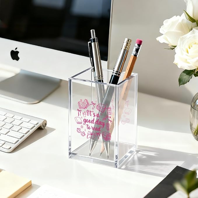 It's A Good Day To Read Acrylic Pen Holder Cosmetic Organizer, Funny Book Pen Pencil Holders for Desk, Literary Gifts for Book Club, Bookish Gifts for Librarian, Bookmark Holder for Bookshelf
