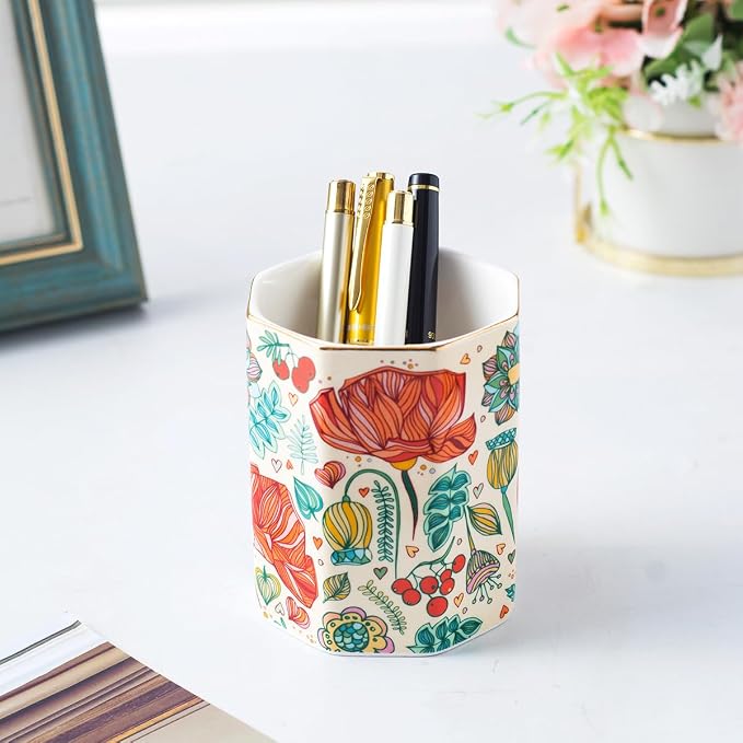 Aesthetic Desk Organizer Set of 2 For Office, Pen Holder and Paper Clip Holder Dispenser, Ceramic Cute Pencil Cup for Desk, Desktop Accessories, Office Decor, Ideal Gifts for Women, Mom (Flower)