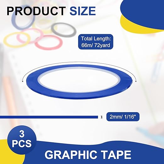 MECCANIXITY Whiteboard Tape 5/64" / 2mm Self Adhesive Graphic Chart Line Tape 72 Yard Grid Marking Stickers for Pinstripe Dry Erase Board Scrapbooking DIY Art Crafts, Blue, Pack of 3