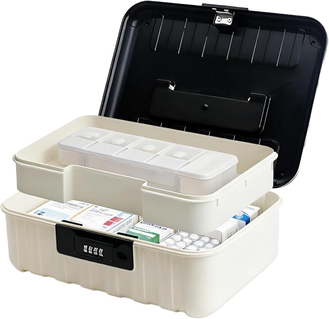 2-Tier Locking Storage Box with 4-Digit Combination Lock, Portable Stackable File & Medicine Organizer for Home, Office, Dorm (Black, 11.42x8.66x4.45 Inches)