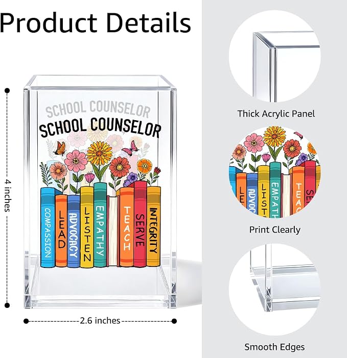 School Counselor Acrylic Pen Holder Cosmetic Organizer, Fun Pencil Pen Holder for Desk, Reading Nook Accessories for Teacher, Back To School Appreciation Gifts for Counselor Psychology Therapist