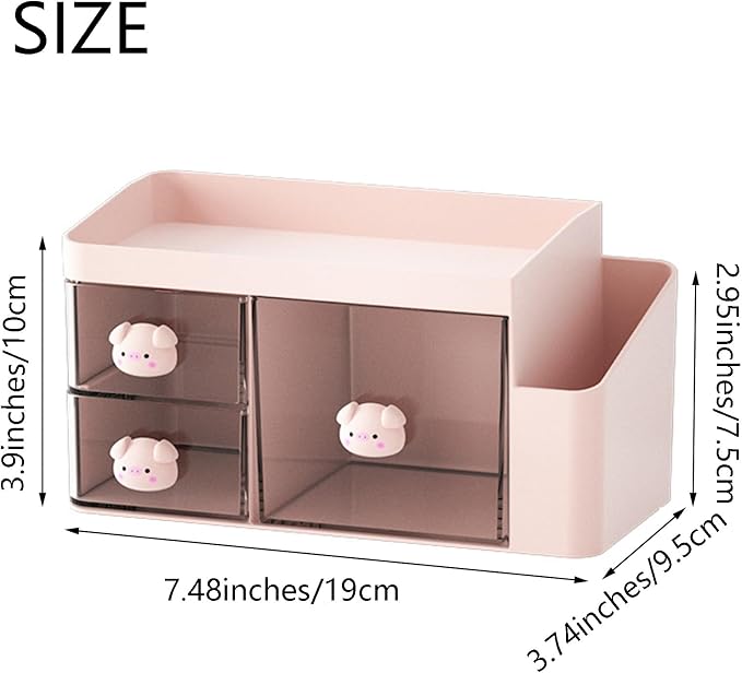 Desk Organizer with Pencil Holder and 3 Drawers, Desk Accessories Holder for Desk,Desktop Stationery Organizer for Office Home School Dressing Table(Small Pig Handle)