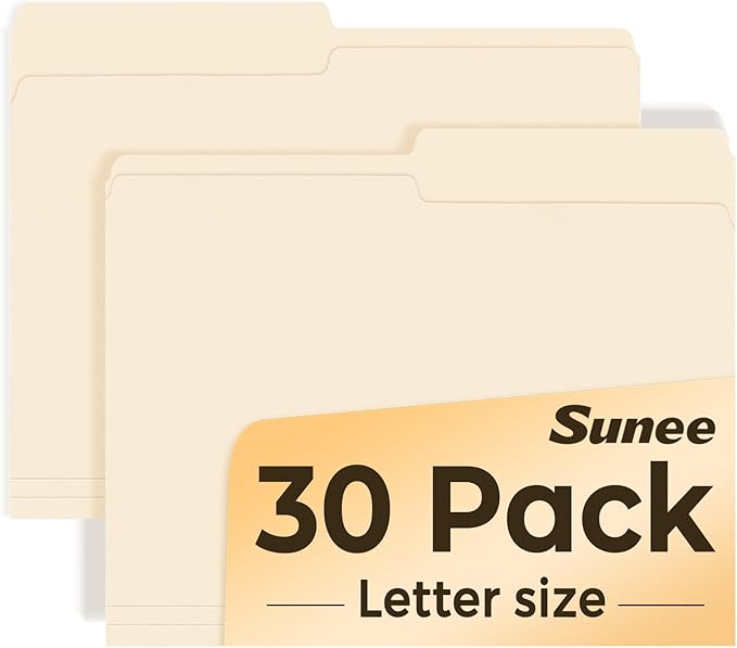 SUNEE File Folders, 30 Pack Manilla Folders 8.5 x 11, 1/2 Cut Tab for Easy Labeling and Organization, Durable Standard Paper for Home, Office, School Filing