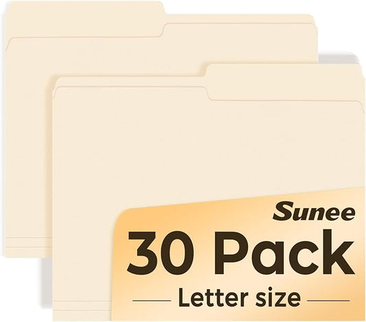 SUNEE File Folders, 30 Pack Manilla Folders 8.5 x 11, 1/2 Cut Tab for Easy Labeling and Organization, Durable Standard Paper for Home, Office, School Filing