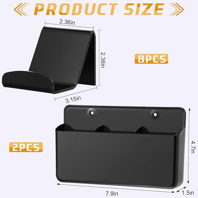 Chunful 10 Packs Black Wall Mount Holder Stand 2 Pcs Three Compartments Universal Remote Control Holders 8 Pcs Controller & Headset Wall Mount Holder Stand for Home Office School