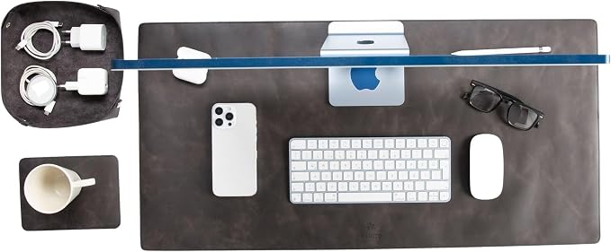VENITO Leather 3-in-1 Desk Mat Set – Desk Mat (32"x16"), Organizer Tray & Cup Coaster – Full-Grain Leather Desk Pad for Office & Home – Elegant Workspace Accessories for Men & Women, Asphalt