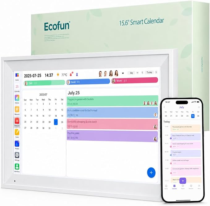 15.6-Inch Smart Digital Calendar & Chore Chart, 1080P Touchscreen Family Planner with Meal Planner & Reward System, Desk & Wall Mountable (White)