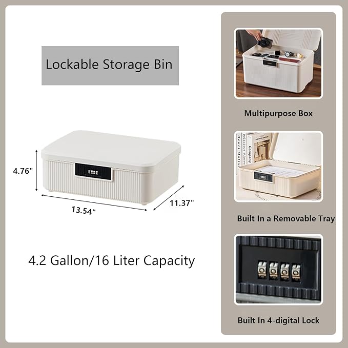 Lockable Storage Container Bin with Combination Lock - 4.2 Gallon Capacity Organizer Box & Plastic Trunk for Office/Home Security | Heavy Duty ABS Storage Box with Stackable Design - White