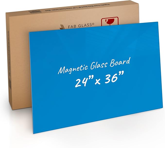 Magnetic Glass Dry Erase Board, Frameless Glass Blue Board, 24" x 36", with Magnets, Markers, Aluminum Marker Tray, Magnetic Eraser for Office, Home & School by Fab Glass & Mirror