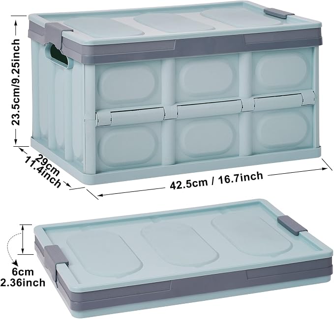 Lidded Storage Bin 2 Pack Plastic Storage Crates, 28L-Blue Stackable Plastic Storage Boxes Container, Collapsible Shelf Basket with Lid Home Office Kitchen Car Clothes Shoes Books Grocery Bins Holder