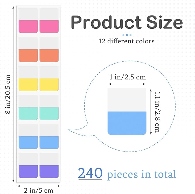240PCS Sticky Index Tabs, Colored Strip Page Markers, Writable and Repositionable File Tabs Flags for Pages, Reading Notes, Classify Files, 12 Colors（1 inch）