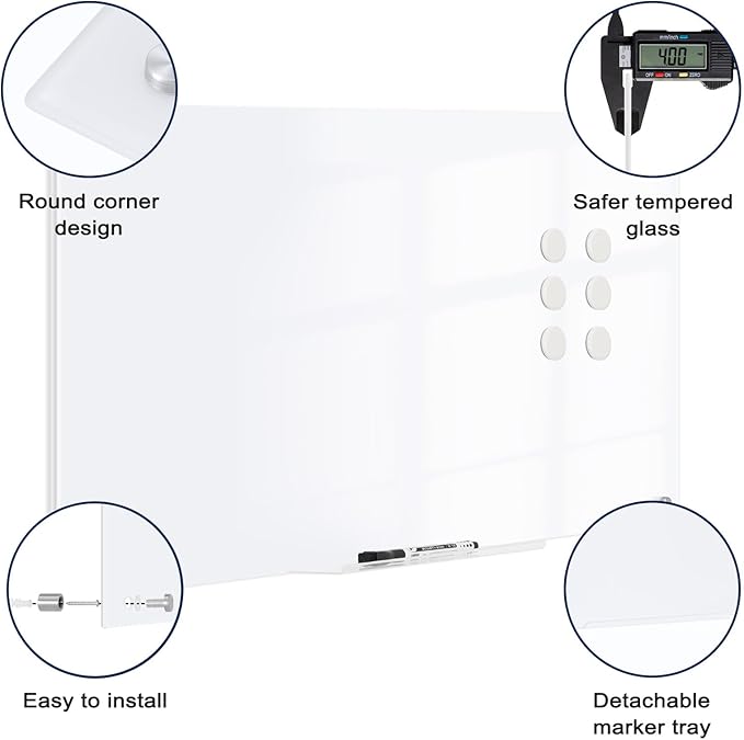Magnetic Glass Whiteboard, 6' x 4' Glass Dry Erase Board for Wall, 72" x 48" Large Frameless White Board with 1 Marker Tray and 10 Magnets for Office, Home, Classroom - Ultra White