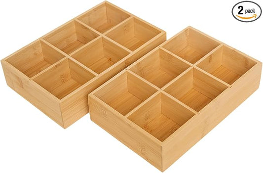 2 Pack Bamboo Desk Organizer with Adjustable Dividers, Modular Wooden Storage Trays for Tea Bags, Snacks, Makeup Office Supplies Drawer Organizer Set for Home & Kitchen
