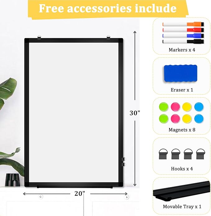 Double-Sided Magnetic Whiteboard, 30" x 20" Dry Erase Board Black Aluminum Frame for Wall, White Board Dry Erase Marker Board for Kitchen, Memo, School, Home, Office