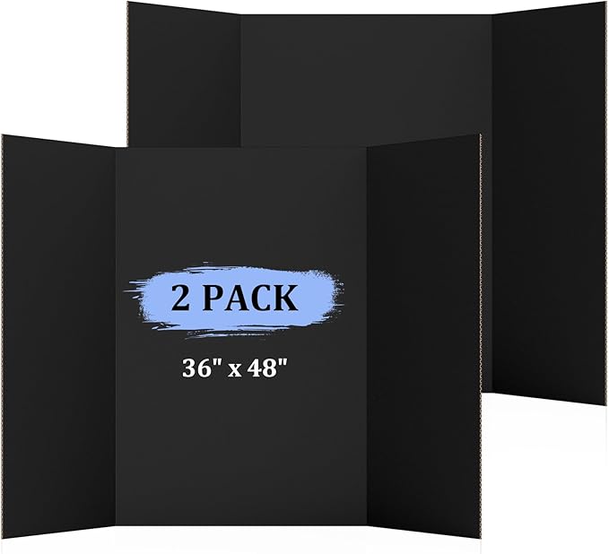 AKONEGE 2 Pack 36" x 48" Trifold Poster Board for Presentation, Black Corrugated Cardboard Large Tri Fold Poster Board for Science Fair, Office or School Projects, Photo Displays, Exhibitions Event
