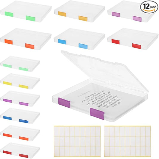 12 PCS Clear A4 A5 File Boxes, Plastic Paper Organizer with Color Buckles and 54 Labels, Stackable Magazine Protector Cases, Transparent Document Case for Office, School, Home