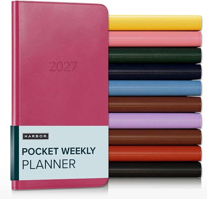 Harbor Pocket Weekly Monthly Planner 2027, Calendar Planner and Notebook, Durable Faux Leather, 192 Pages, Softcover & Book Bound - Cambridge Orchid Flower - 6x3.25"