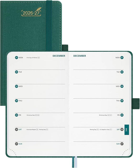 BEZEND 2026-2027 Pocket Planner, 18 Month Weekly & Monthly (3.5"x 6") 2-Column Dual Schedule Academic Agenda (Jul 26-Dec 27) for Students, Work, Home or 2 Person, PU Leather Hardcover - Evergreen