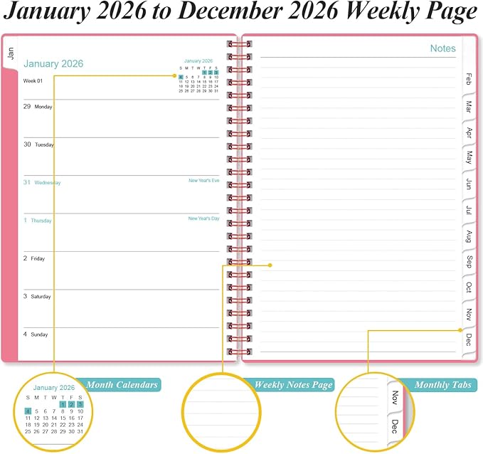 2026 Planner - Weekly & Monthly Planner from January 2026 - December 2026, Planner 2026 with Flexible Cover, Tabs, Inner Pocket, 6.4" x 8.5", Pink