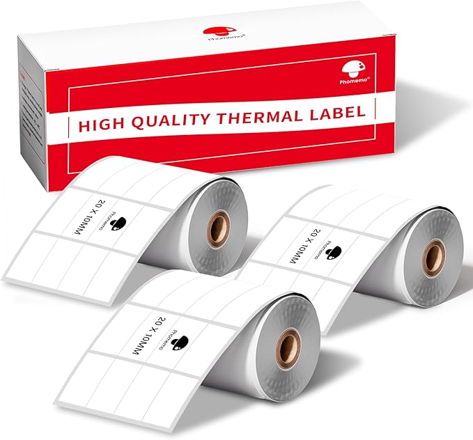 Phomemo M110 Labels-Sticker Labels 3 Roll 3600 Labels for M110/M100/M220/M221/M108 Label Printer,3/4" X 3/8"(20x10mm), 1200 Labels/Roll, for Barcode/Address/Mailing/Logo/Business/Home Tag