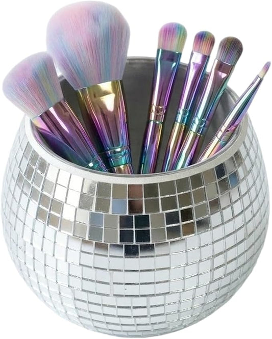 Disco Ball Pencil Holder for Desk - Cute Office Decor & Makeup Brush Organizer, 4.7 Inch Sparkly Glass Pen Cup, Fun Desk Accessories for Women (SILVER)