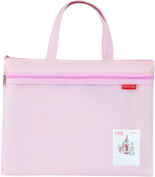 Mesh Zipper Pouch 11x13.7 in, A4 Double Pocket Waterproof File Bag with Handle, Document Storage for School/Travel/Office/Cross Stitch/Puzzle (Pink)
