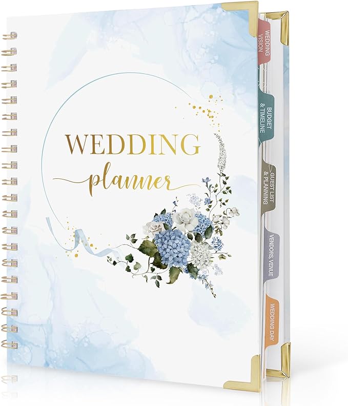 Hydrangea Wedding Planner Book and Organizer, Bridal Wedding Planning Binder with Tabs, Pockets, Checklists, Calendars, Engagement Gift for Newly Engaged Couples, 8x10.8"
