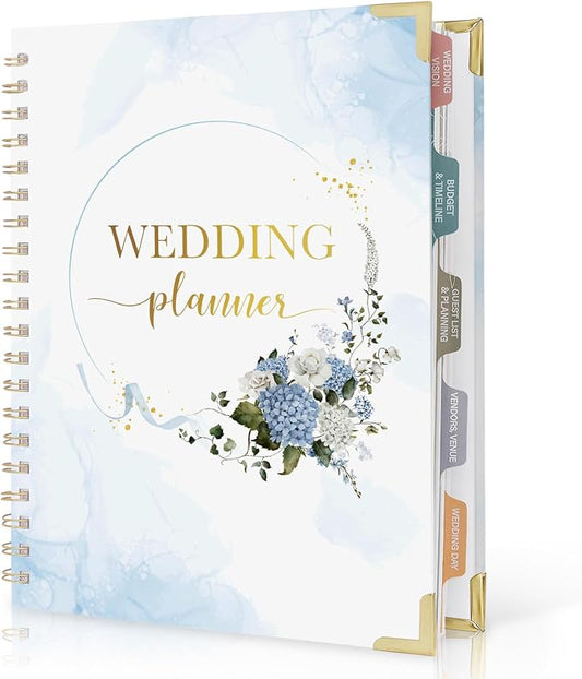 Hydrangea Wedding Planner Book and Organizer, Bridal Wedding Planning Binder with Tabs, Pockets, Checklists, Calendars, Engagement Gift for Newly Engaged Couples, 8x10.8"