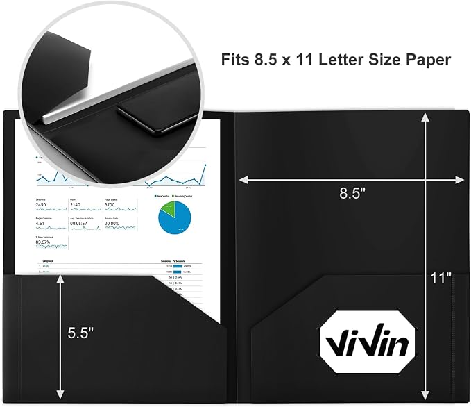 ViVin 60-Pack Black Plastic Folders with Pockets, 8.5 x 11 Inch Letter Size, Modern Style, 2 Pocket Folders for School, Home, Office