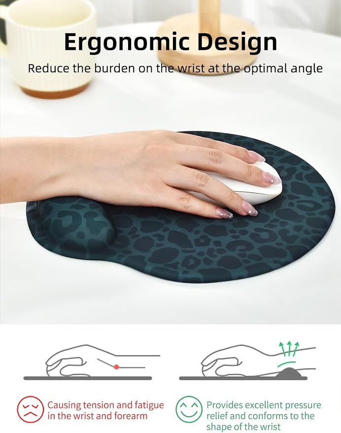 Leopard Mouse Pad Wrist Support Wrist Rest, Ergonomic Mouse Pad with Non-Slip Base for Office Gaming Working Computers,Desk Accessories Pain Relief Mouse Mat for Home&Game Decor, Black