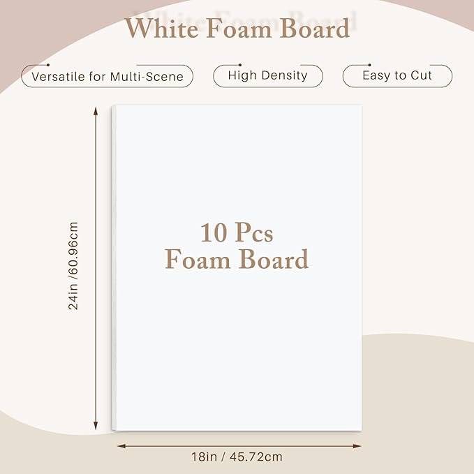 AUEAR, 10 Pack 18x24 White Foam Boards, Foam Core Poster Board for Display, Mounting, Print, Presentation and Projects, 1/8'' Thick