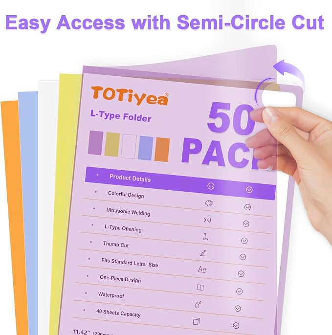 TOTiyea 50 Pack Clear Folder, 7Mil Plastic L-Type Folders, Clear Colored Copy Safe Project Pocket, Fits Letter Size 8.5x11 Paper, Assorted Colors