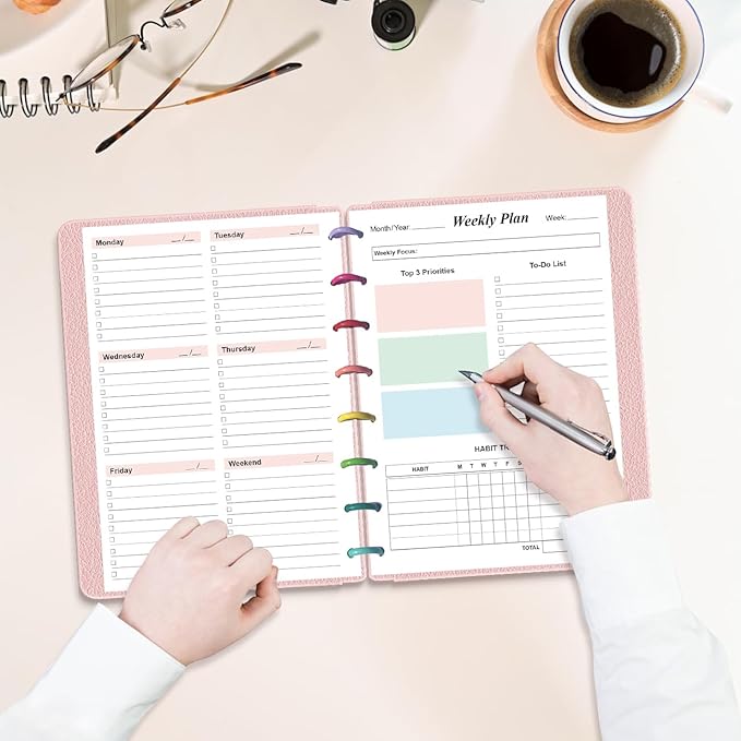 Weekly Planner Undated Refills - Junior Size 53 Sheets/106 Pages Colorful Weekly Planner for 8-Disc Discbound, 100 gsm White Paper, Lasts 1 Year, Undated, 5.8" x 8.3"