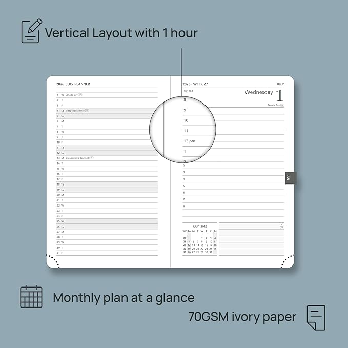 POPRUN 2026 Daily Planner One Page Per Day A6 Size Calendar (4.25" x 6.25") - 12 Months Hourly Appointment Book with Hardcover, Monthly Tabs, Pocket, Pen Holder - Pacific Green