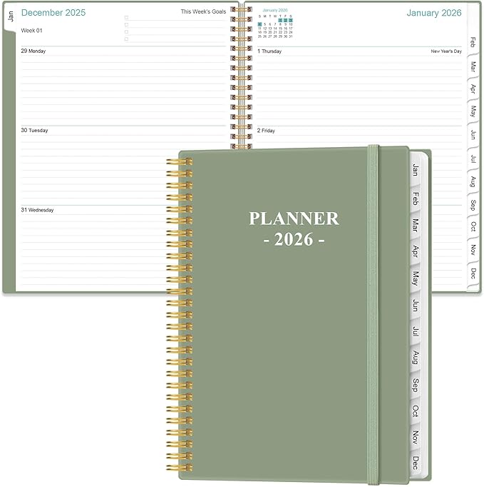 2026 Planner - 8.5" x 11" Weekly Monthly Planner from January 2026 to December 2026 with 12 Monthly Tabs, Inner Pocket, Elastic Closure, Green