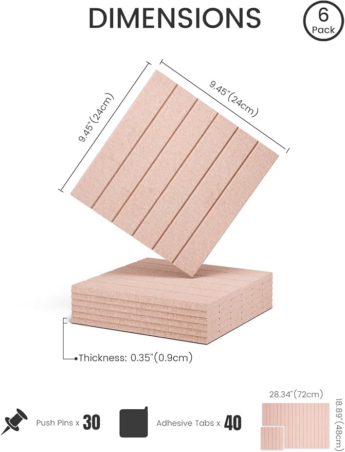Fluxynara Felt Bulletin Board Tiles -28"x18" with 40 Adhesive Tabs, Cork Board Alternative for Office Decor, Push Pin Board Wall Organizer 6-Pack (Pink)