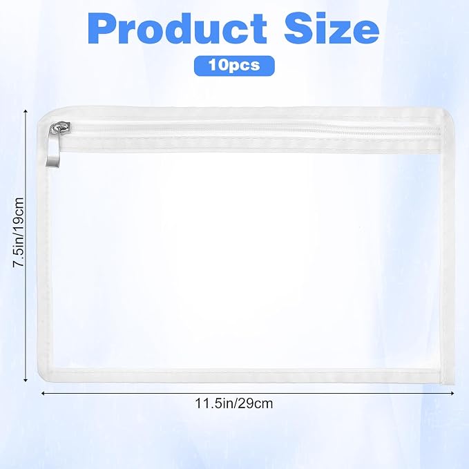 10 Pack Clear Zipper Pouches PVC Waterproof Pencil Pouch, 11.5 x 7.5 Inch Plastic Makeup Bag, Multi-Purpose Document File Organizer with White Edging, Office Supplies