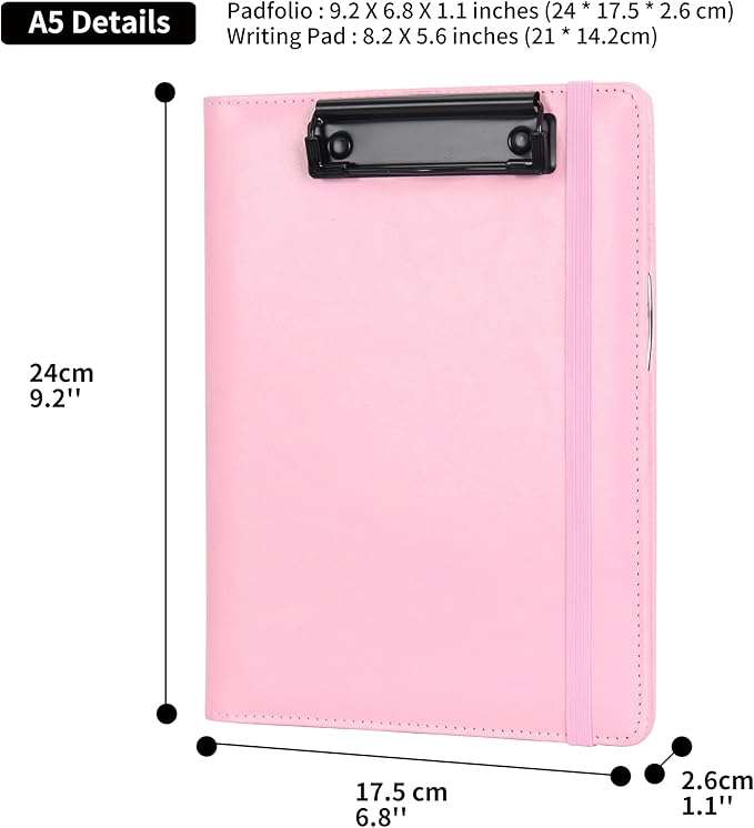 Wonderpool A5 PU Leather Clipboard Partfolio Recipe Binder Notepad Forms Holders Document Case - Interview Planner Meeting Writing Padfolio File for Office Travel School Hotel Restaurant (A5,Pink)