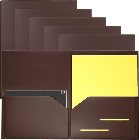 Youngever 6 Pack Heavy Duty Plastic Two Pocket Folders, Heavy Duty Plastic 2 Pocket Folder (Brown)