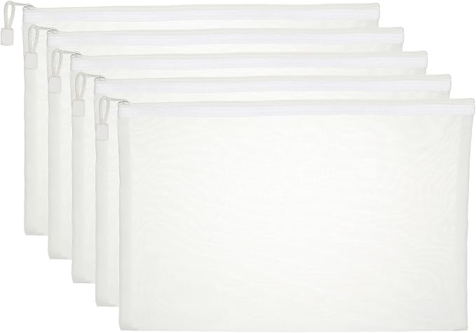 PATIKIL A4 Mesh Zipper Pouch Bags, 5 PCS Mesh Bags with Zipper Plastic Storage Pocket for Organizing File Beads Office Home Supplies, 34x24cm, White