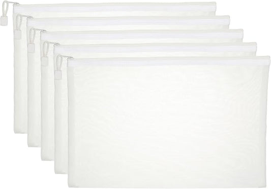 PATIKIL A4 Mesh Zipper Pouch Bags, 5 PCS Mesh Bags with Zipper Plastic Storage Pocket for Organizing File Beads Office Home Supplies, 34x24cm, White