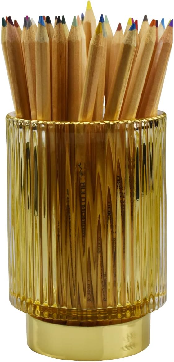 Thick Glass Pen Pot Cute Decorative Pencil Holder Cup for Desk Makeup Brush Holder for Home Office (Golden)
