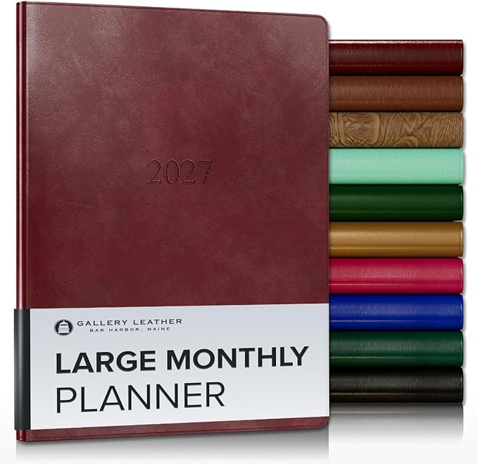 Gallery Leather Large Monthly Planner 2027, Elegantly Bound Calendar Planner and Notebook with Stylish Gold-Gilded Page Edges, 18 Months - Acadia Deep Red - 9.75x7.5"