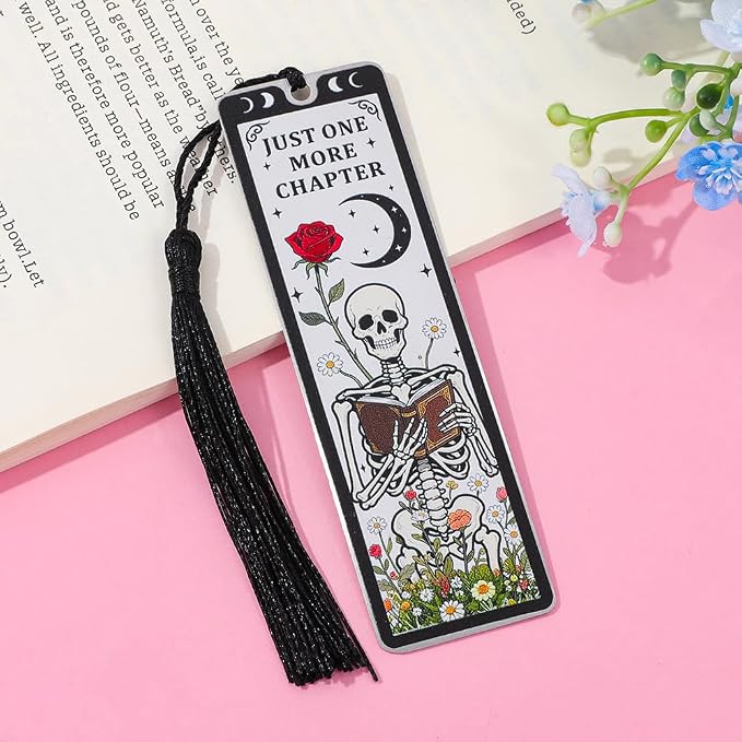 3Pcs Unique Skull Reader Bookmark - Metal Bookmark with Black Tassel, Star and Rose Pattern, Engraved “THE Reader” for Dark Gothic Lovers, Women Readers Fantasy Gift Gothic Gift (3PCS D)